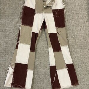 SHEIN Patchwork Pants in Brown and Cream